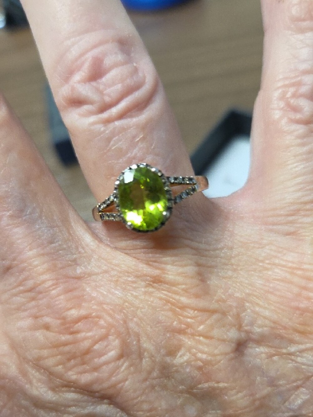 Oval Peridot Gemstone Halo Ring Gold Tone Stamped 925 Enhanced With Diamonds - Picture 2 of 2